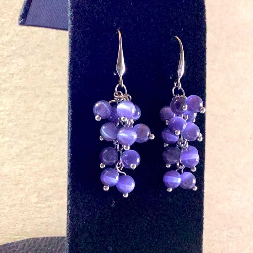 Silver Blueberry Cat’s Eye Long Earrings
